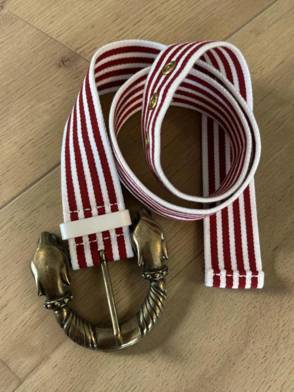 Brass Jaguar Head Buckle Red White Stripe Statement Belt Womens